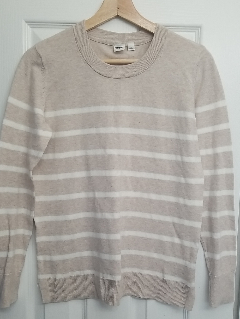 GAP Beige and White Striped Crewneck Sweater